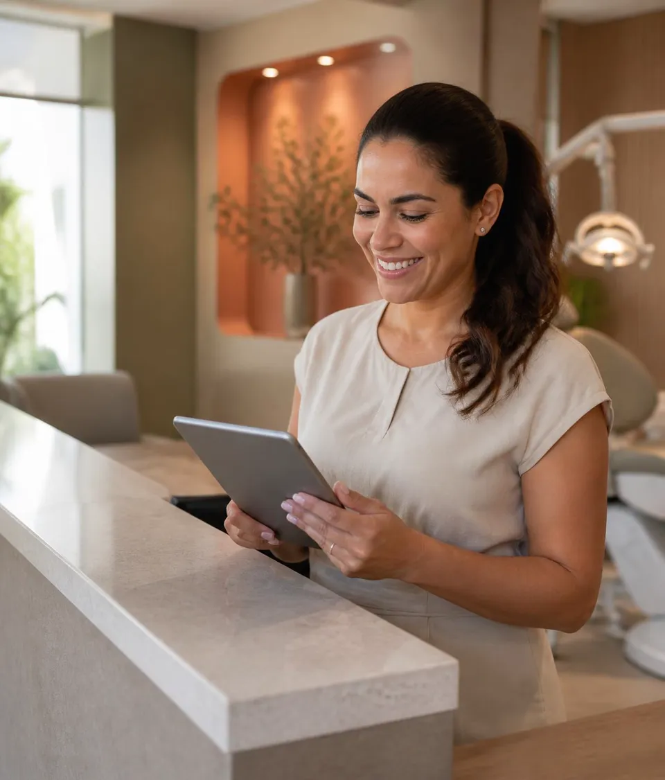 Recepcionista de uma clínica atendendo pelo tablet enquanto a Mirana responde os clientes no WhatsApp