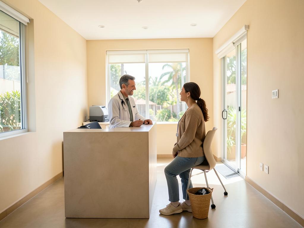 Médico conversando com uma paciente na recepção de uma clínica