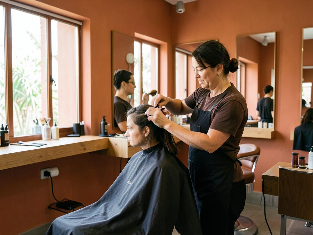 Cabeleireira finalizando o corte de uma cliente em um salão